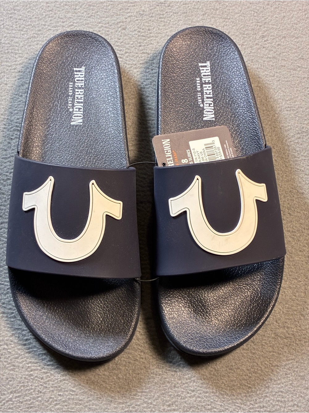 True Religion Men’s Blue Slide Sandals with Silver Logo